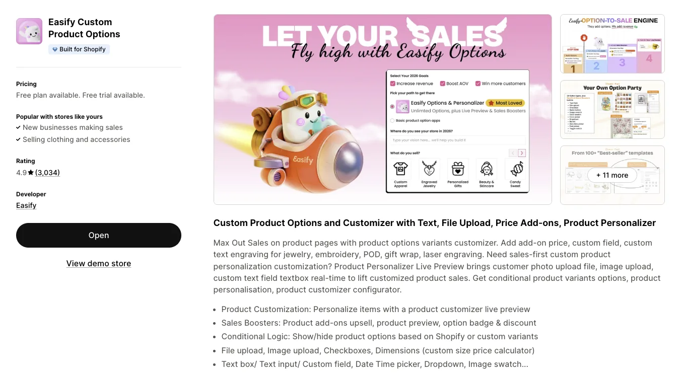 Easify Custom Product Options listing on the Shopify App Store