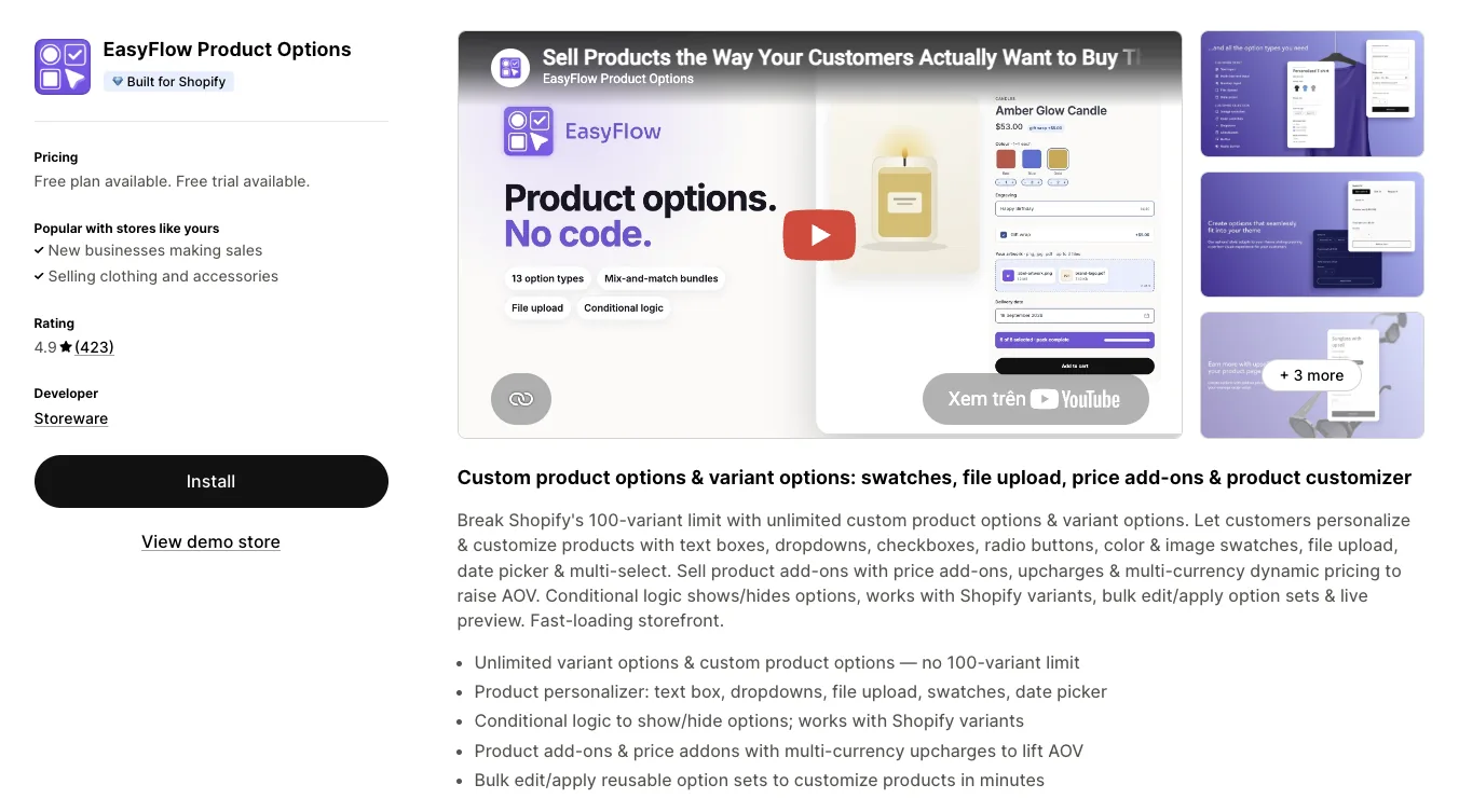 EasyFlow Product Options listing on the Shopify App Store