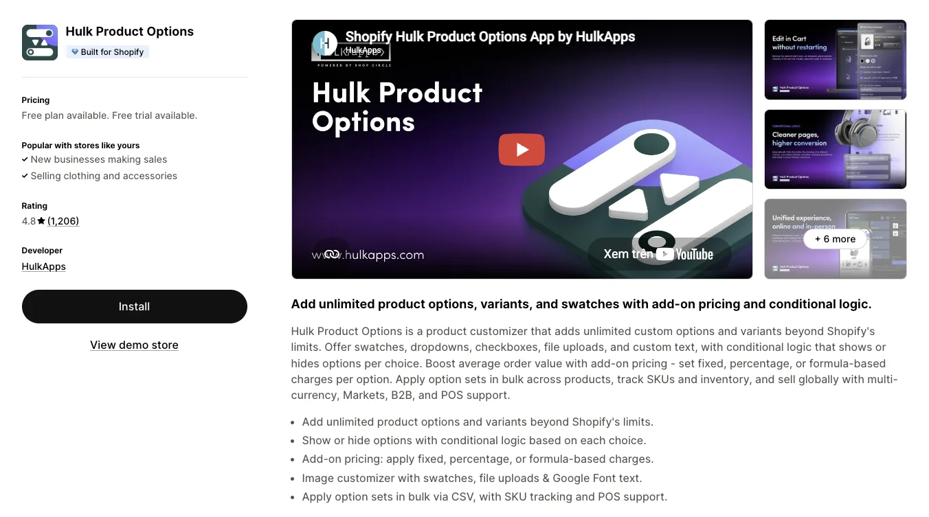 Hulk Product Options listing on the Shopify App Store