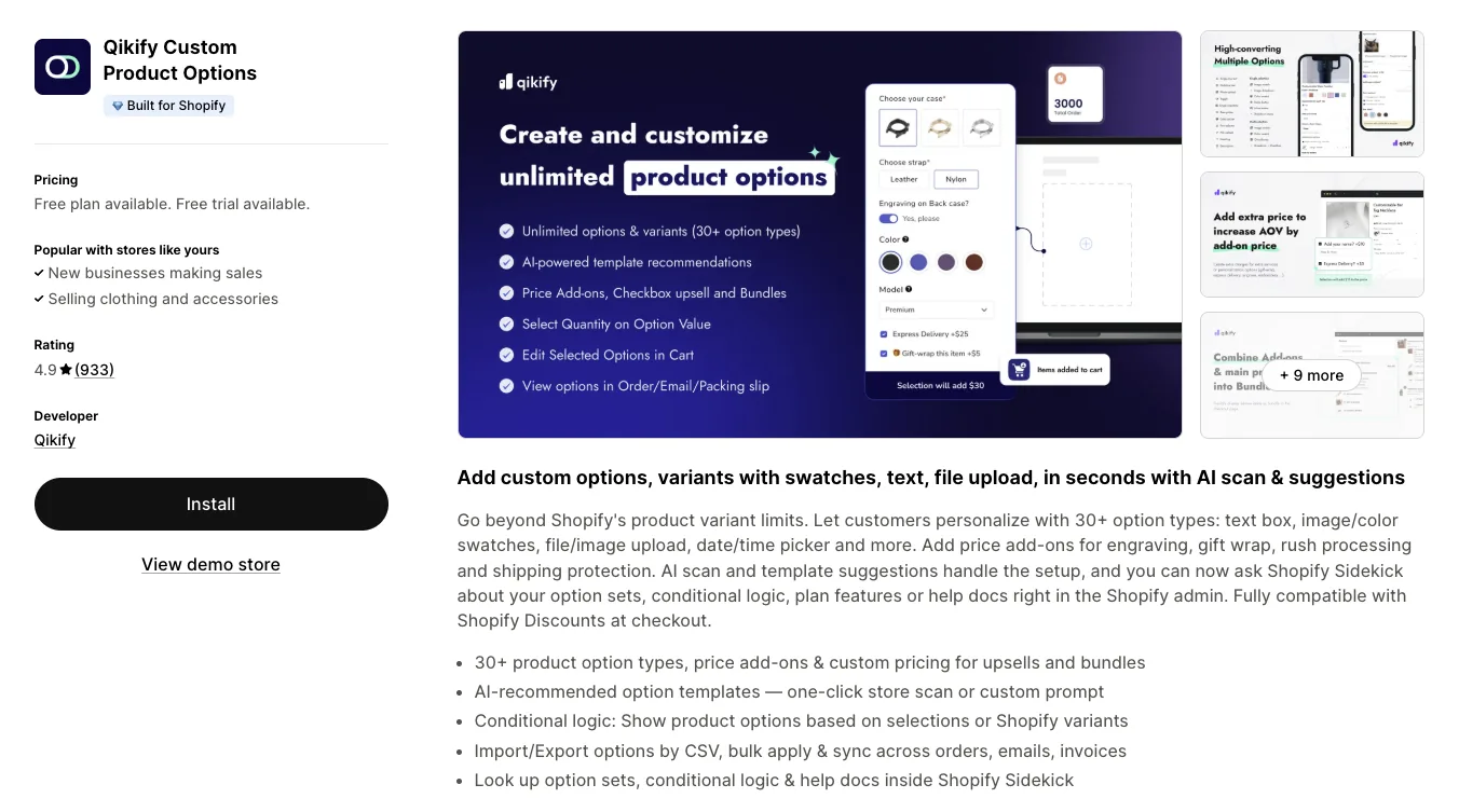 Qikify Custom Product Options listing on the Shopify App Store
