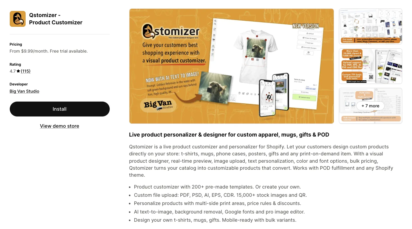 Qstomizer - Product Customizer listing on the Shopify App Store