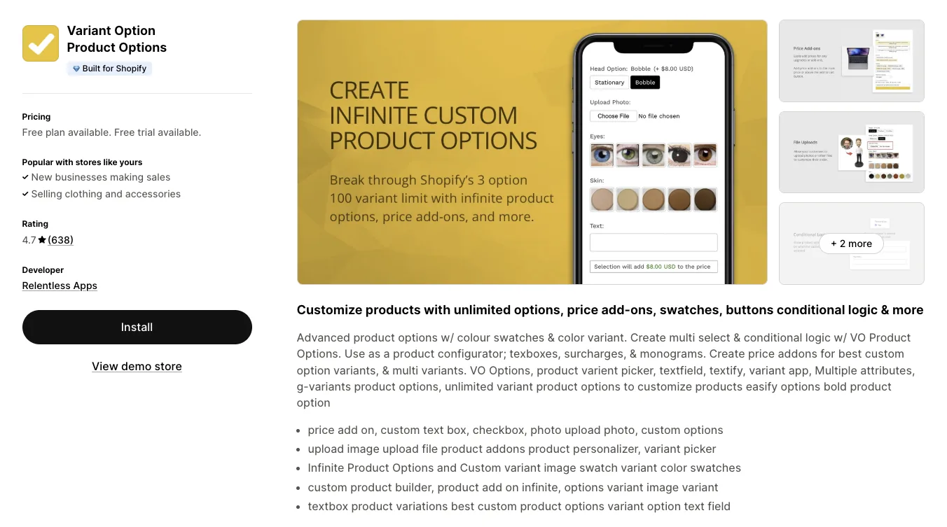 Variant Option Product Options listing on the Shopify App Store