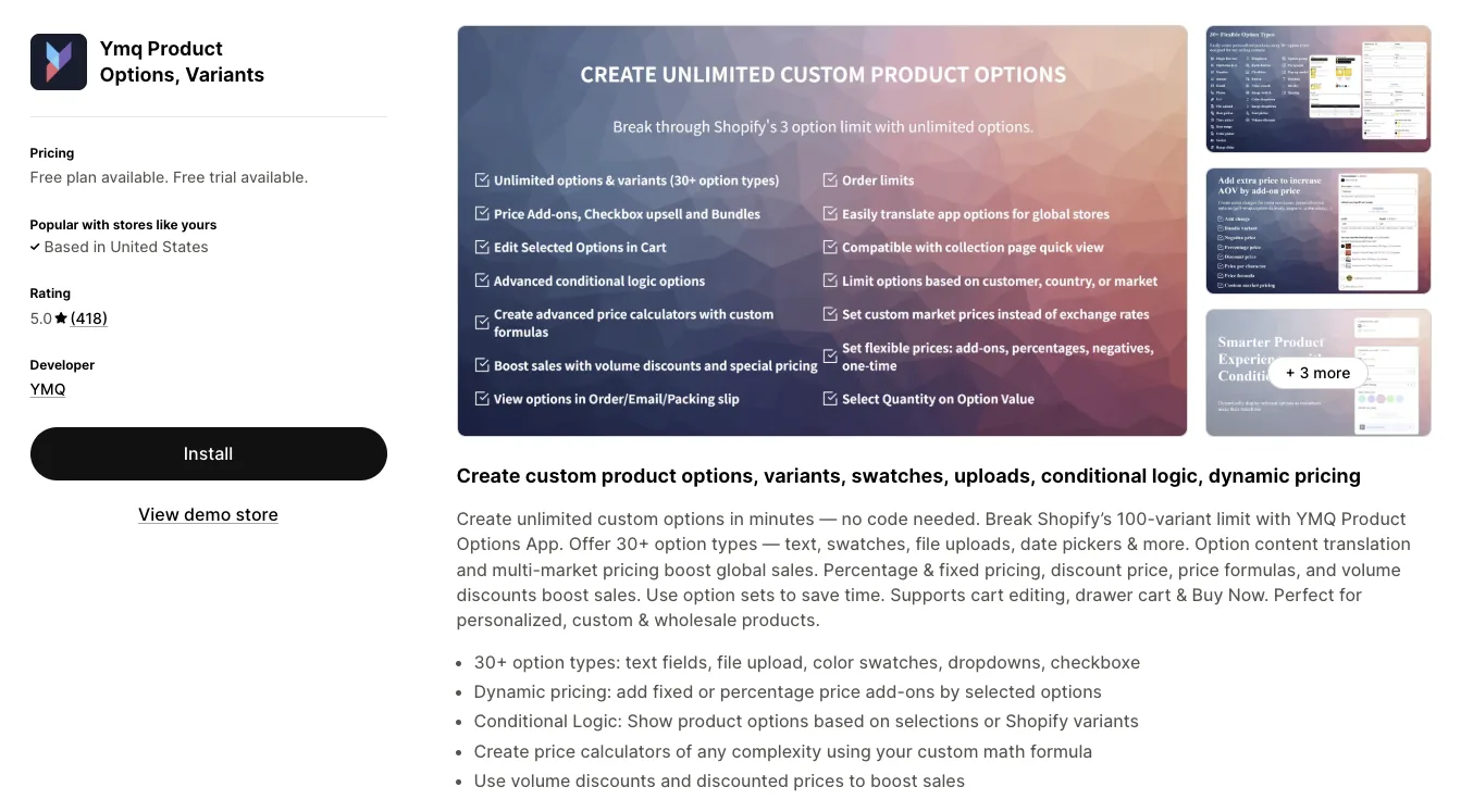 YMQ Product Options, Variants listing on the Shopify App Store